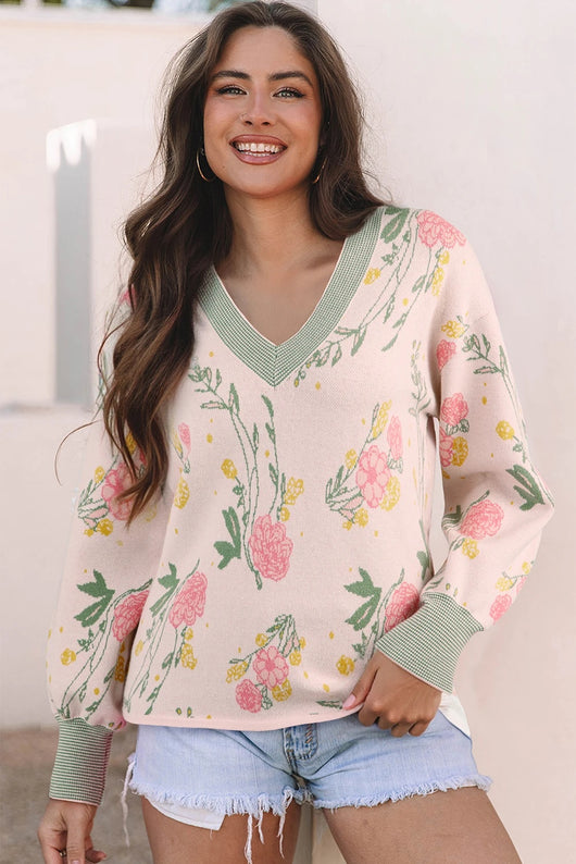 Suéter Holgado con Escote en V, Rayas y Estampado Floral - Image 7