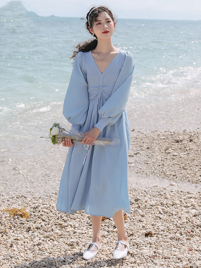 Vestido Azul Escote V Estilo Francés para Mujer - Image 10