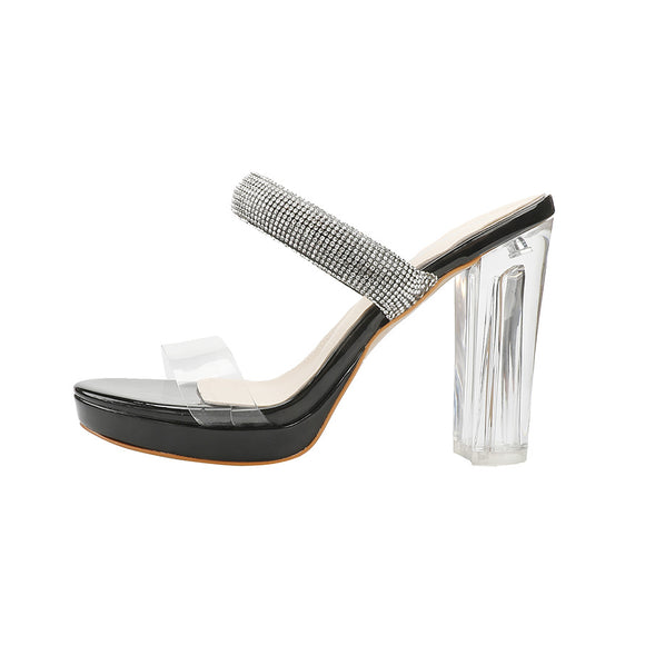 Sandalias Elegantes con Tacón Grueso y Detalles de Cristal