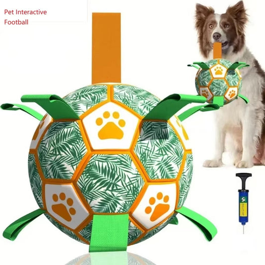 Interactive pet football toy with green palm leaves, orange paw prints, grab tabs, and a ball pump.