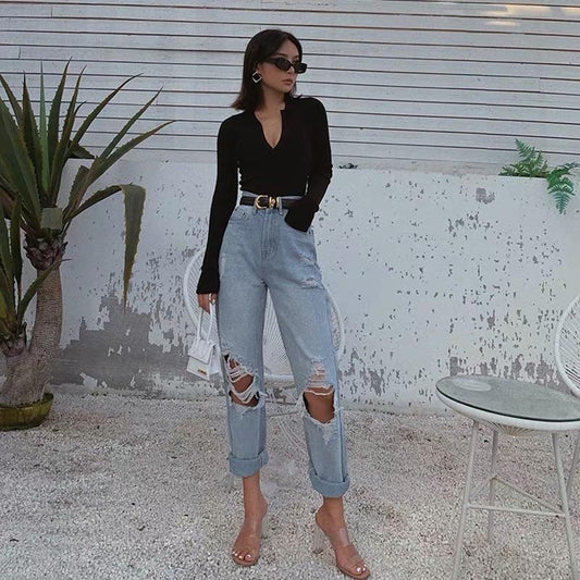 Pantalones Vaqueros Azul Claro Rotos Rectos para Mujer