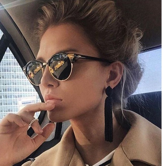 Retro clubmaster sunglasses with black frames, dark lenses, and gold-tone metal accents, shown from multiple angles. - Image 12