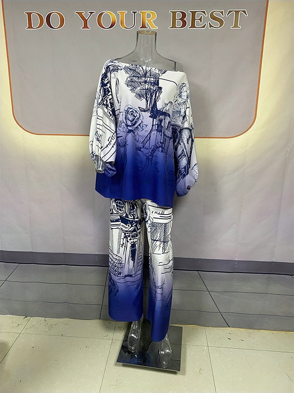 Conjunto Otoñal Estampado: Blusa Manga Larga Tipo Murciélago con Pantalón Ancho - Image 3