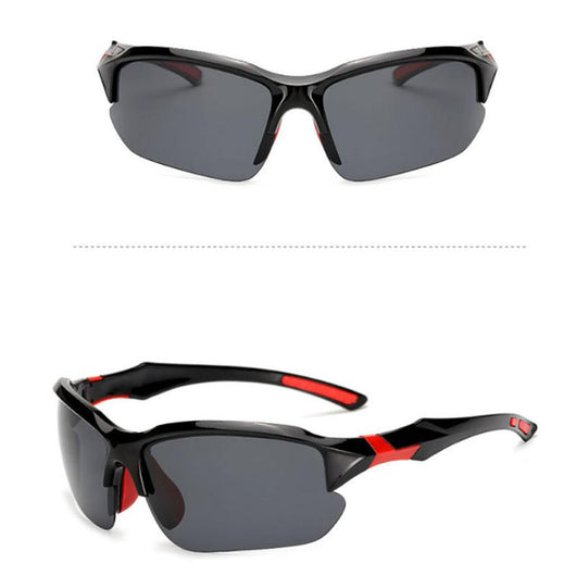 Black sports sunglasses with blue polarized lenses, shown from a front view and a three-quarter side view. - Image 24
