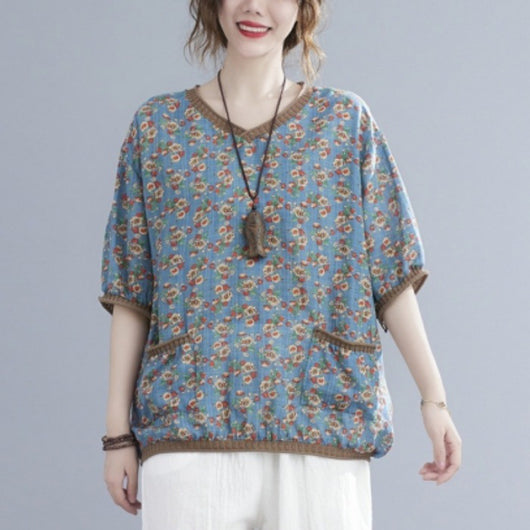Blusa Estampada Escote V Manga Corta para Mujer - Image 2