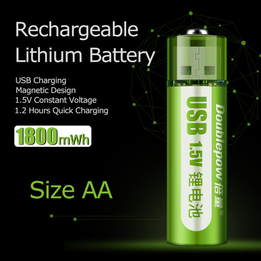 Two green USB rechargeable AA batteries with 1.5V constant voltage, labeled "Doublepow" and "USB 1.5V". - Image 2