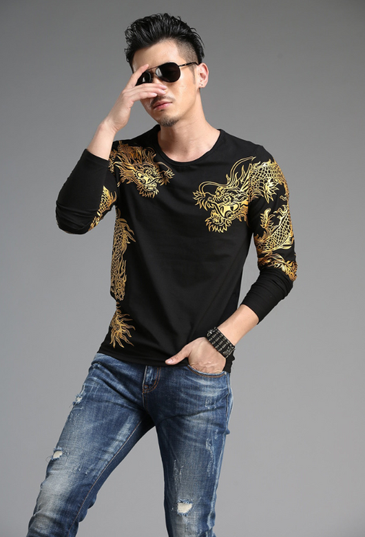 Playera Manga Larga Cuello Redondo Estilo Chino Dragón 3D Slim Fit - Image 6