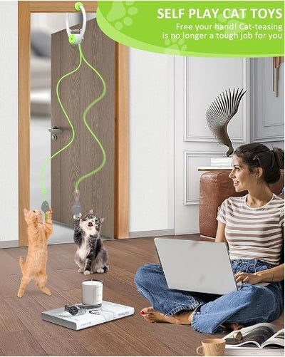 Automatic interactive cat toy with a white and blue door hanger, retractable string, and grey mouse lure. - Image 20