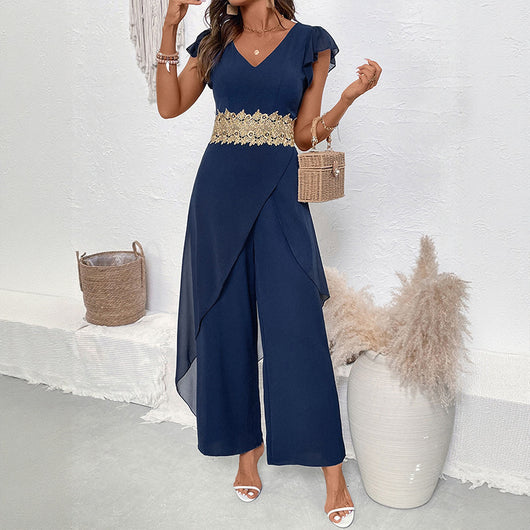 Jumpsuit Elegante con Escote en V y Detalles de Encaje - Image 3