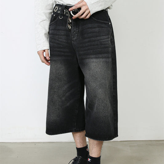 Pantalones Denim Sueltos Grises Estilo Americano Capri