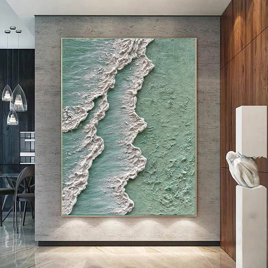 Cuadro Abstracto Olas del Océano - Pintura al Óleo Texturizada Wabi Sabi Verde y Crema