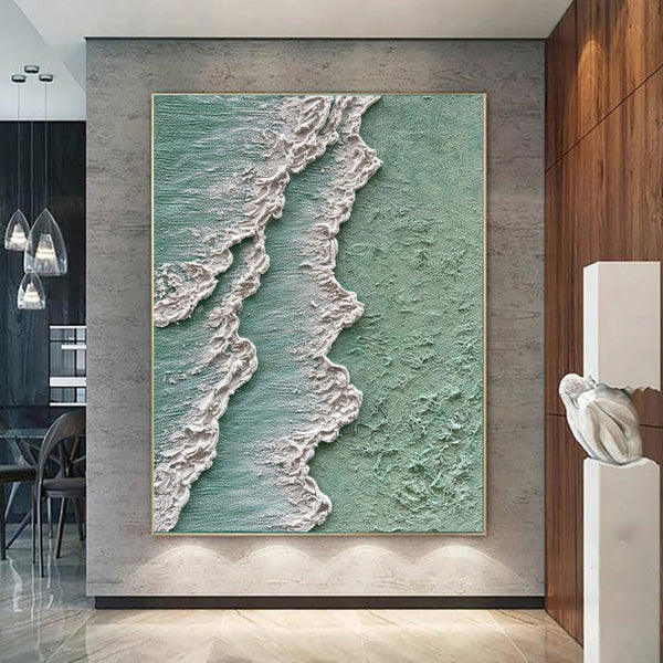 Cuadro Abstracto Olas del Océano - Pintura al Óleo Texturizada Wabi Sabi Verde y Crema