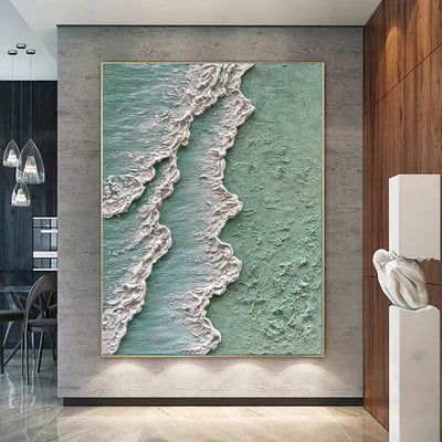 Cuadro Abstracto Olas del Océano - Pintura al Óleo Texturizada Wabi Sabi Verde y Crema