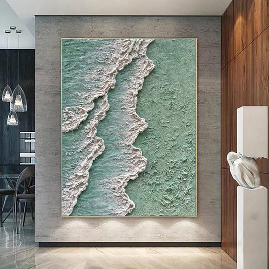 Cuadro Abstracto Olas del Océano - Pintura al Óleo Texturizada Wabi Sabi Verde y Crema