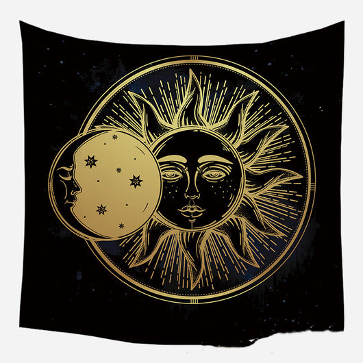 Golden crescent moon and woman silhouette tapestry with a floral crown against a dark blue starry background. - Image 38