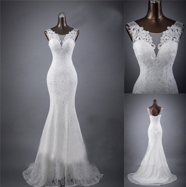 Vestido de Novia Slim Encaje Delicado con Detalle de Cola Doble