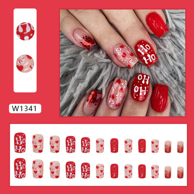 Uñas Postizas Navideñas con Brillo Rojo y Detalles de Amor - Image 2
