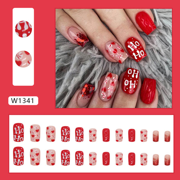 Uñas Postizas Navideñas con Brillo Rojo y Detalles de Amor