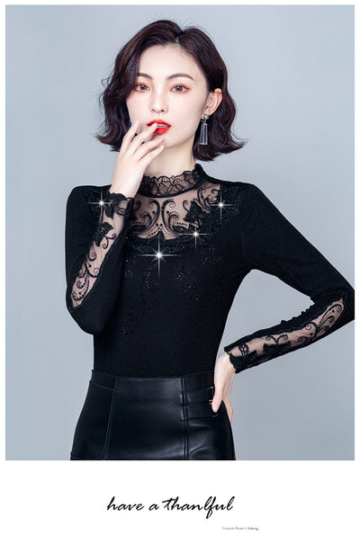 Blusa Cuello Alto con Encaje y Strass - Ajuste Slim para Otoño e Invierno - Image 16