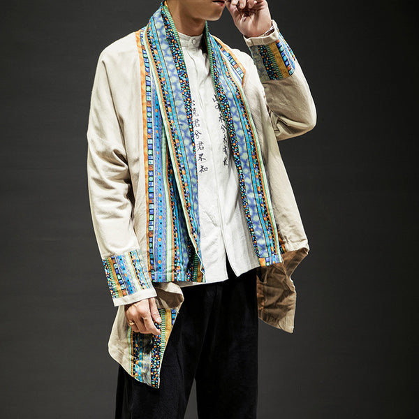 Abrigo Kimono Cardigan de Algodón y Lino - Estilo Japonés Moderno para Hombre