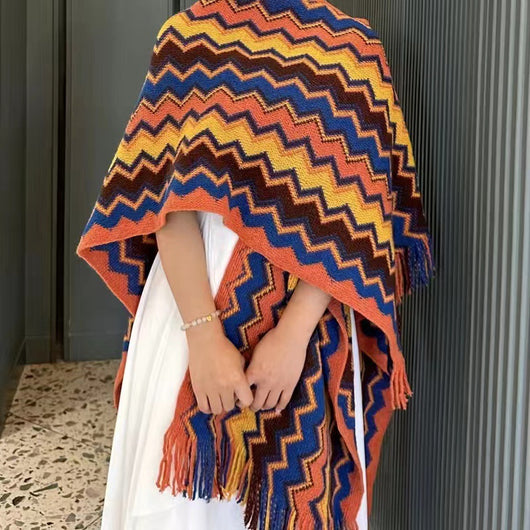 Rebozo Étnico Geométrico con Patrón Wave - Tejido Grueso y Cálido para Viajes - Image 3