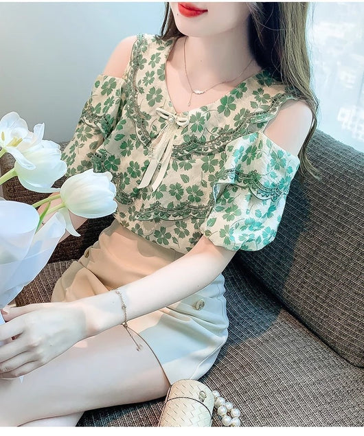 Blusa Chiffon Floral Hombro Descubierto - Camisa Romántica de Manga Corta - Image 20