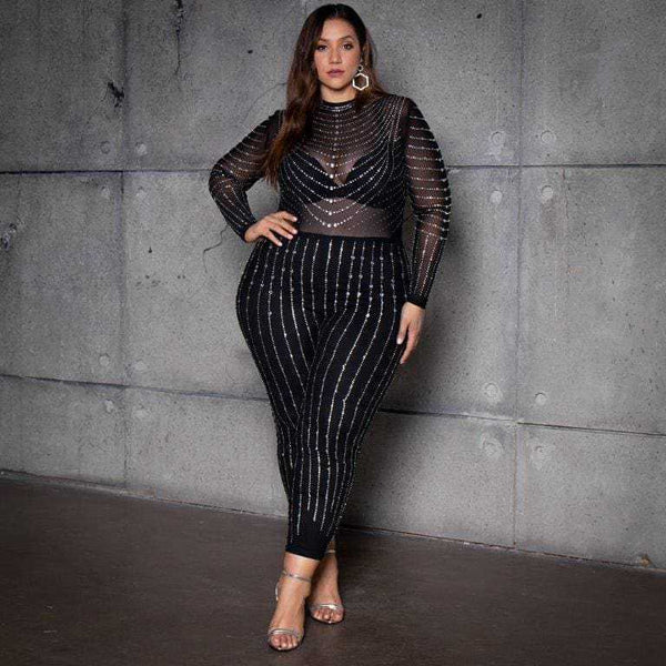 Jumpsuit Elegante de Malla Transparente con Mangas Largas y Detalles de Diamantes