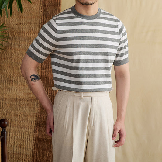 Camiseta Rayas Azul Marino Tencel Algodón Transpirable Cuello Redondo