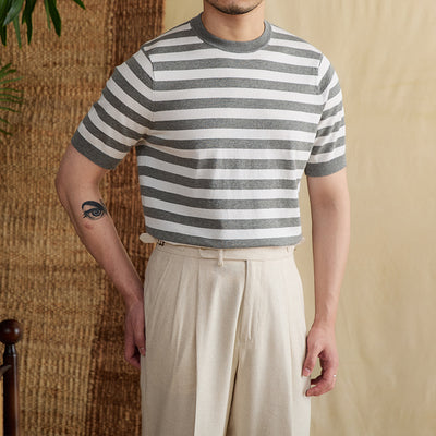 Camiseta Rayas Azul Marino Tencel Algodón Transpirable Cuello Redondo