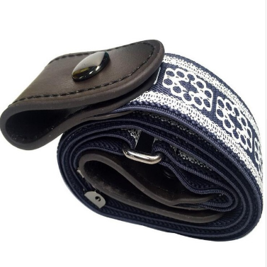 Black buckle-free elastic belt with snap closures worn on blue jeans, featuring a bonus gold-colored metal buckle. - Image 8