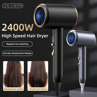 Gray professional hair dryer with a blue fan, 1875W, shown with a US 110V plug and a rotating air collector nozzle. - Image 11