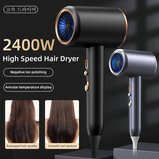 Gray professional hair dryer with a blue fan, 1875W, shown with a US 110V plug and a rotating air collector nozzle. - Image 11