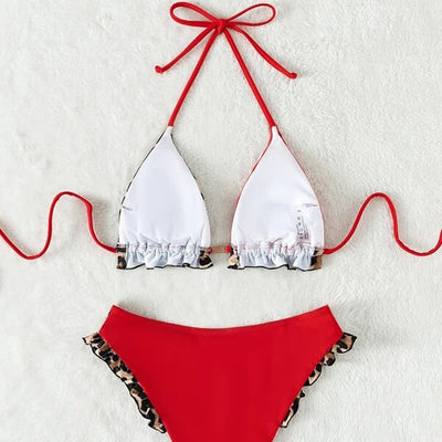 Red and leopard print colorblock bikini set with ruffled edges and high-cut bottoms. - Image 12