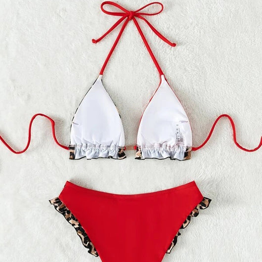 Red and leopard print colorblock bikini set with ruffled edges and high-cut bottoms. - Image 12