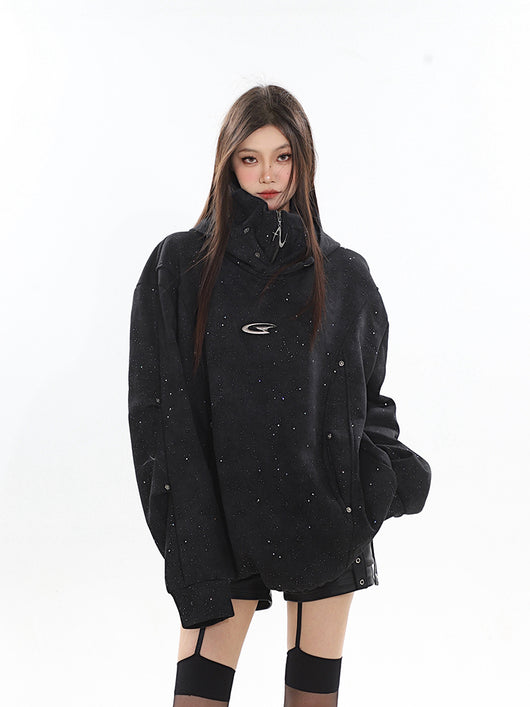 Sudadera Capucha Cuello Alto Doble Capa Plisada para Parejas - Image 13