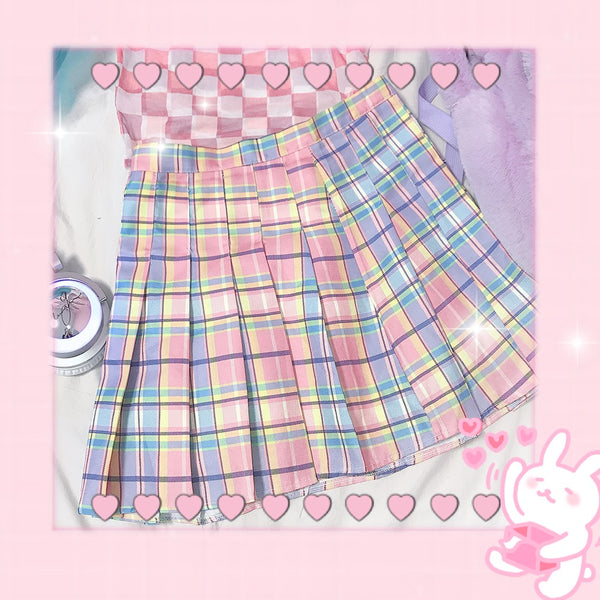 Falda Plisada Cuadros Degradado Rosa Estilo Colegiala Suelta