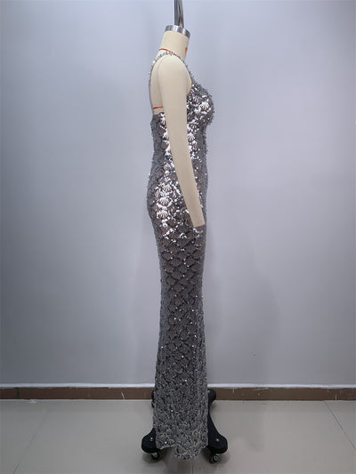 Vestido Largo Elegante Espalda Descubierta con Lentejuelas y Tirantes - Image 10