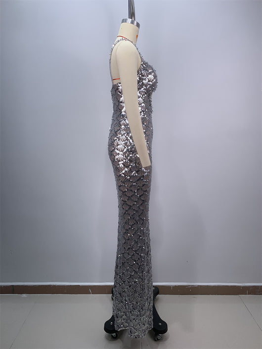 Vestido Largo Elegante Espalda Descubierta con Lentejuelas y Tirantes - Image 10