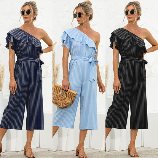 Jumpsuit de Verano para Mujer con Hombro Descubierto y Volantes a Rayas