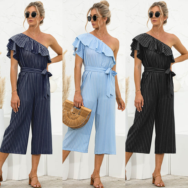 Jumpsuit de Verano para Mujer con Hombro Descubierto y Volantes a Rayas