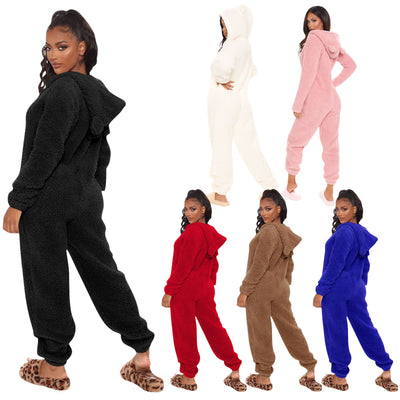 Pijama Enterizo Cálido con Capucha y Orejas - Felpa Suave de Color Liso - Image 5