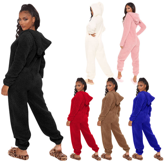 Pijama Enterizo Cálido con Capucha y Orejas - Felpa Suave de Color Liso - Image 5