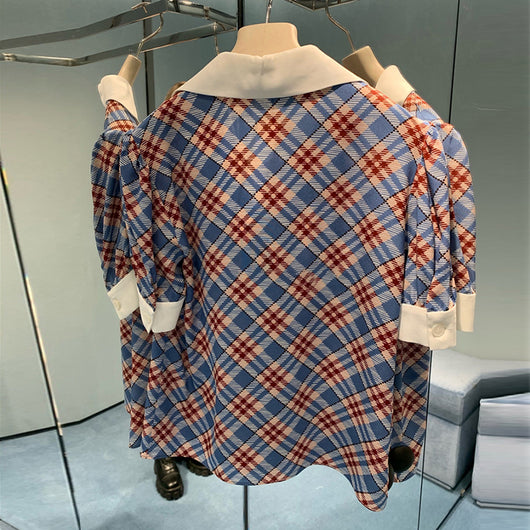 Camisa Suelta de Manga Corta con Cuello Solapa y Contraste de Cuadros Diamante - Image 13