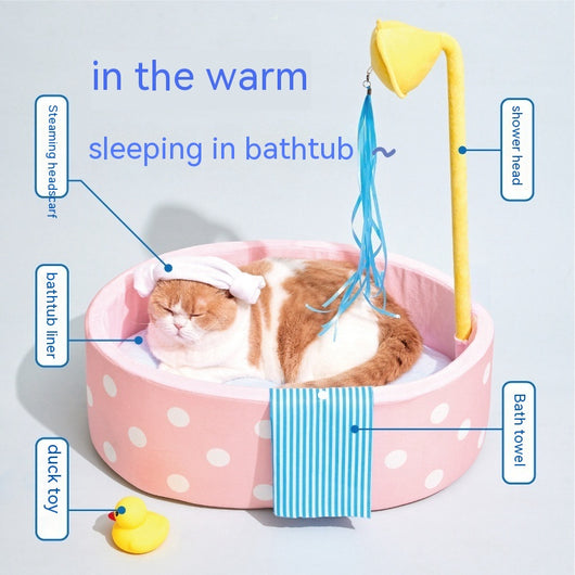 Pink polka dot pet bed shaped like a bathtub with a yellow showerhead toy and blue streamers, plus a blue striped 'towel'. - Image 3