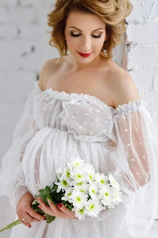Vestido Premamá Hombros Descubiertos con Mangas Abullonadas y Estampado de Puntos - Image 11
