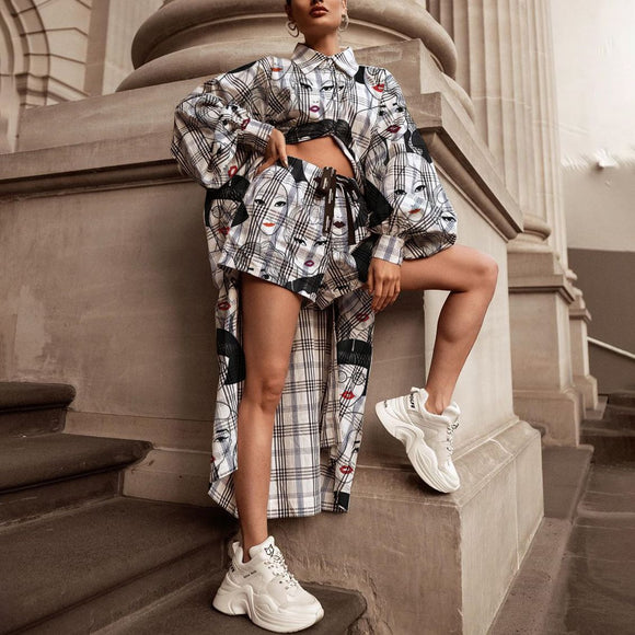 Conjunto de Dos Piezas Estampado Europeo Americano para Mujer - 4 Colores