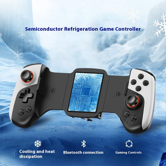 Black and white mobile phone game controller with semiconductor refrigeration, joysticks, D-pad, and action buttons.