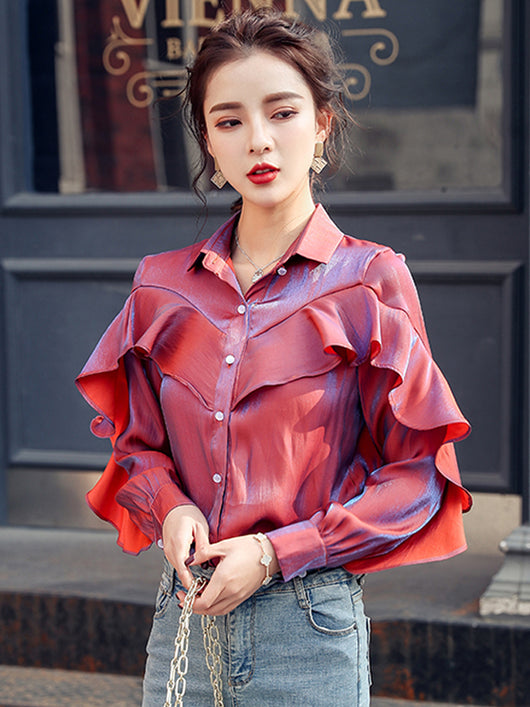 Blusa Retro con Volantes Polarizados de Diseño Exclusivo para Mujer - Image 3