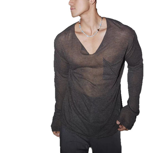 Playera Hombre Manga Larga Cuello V Efecto Transparente Hombro Caído - Image 4