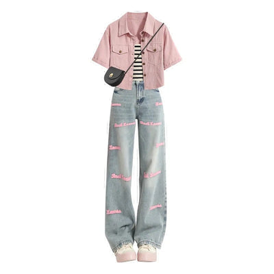 Conjunto de 3 Piezas: Chaqueta Denim de Colores con Tirantes Integrados y Jeans - Image 2
